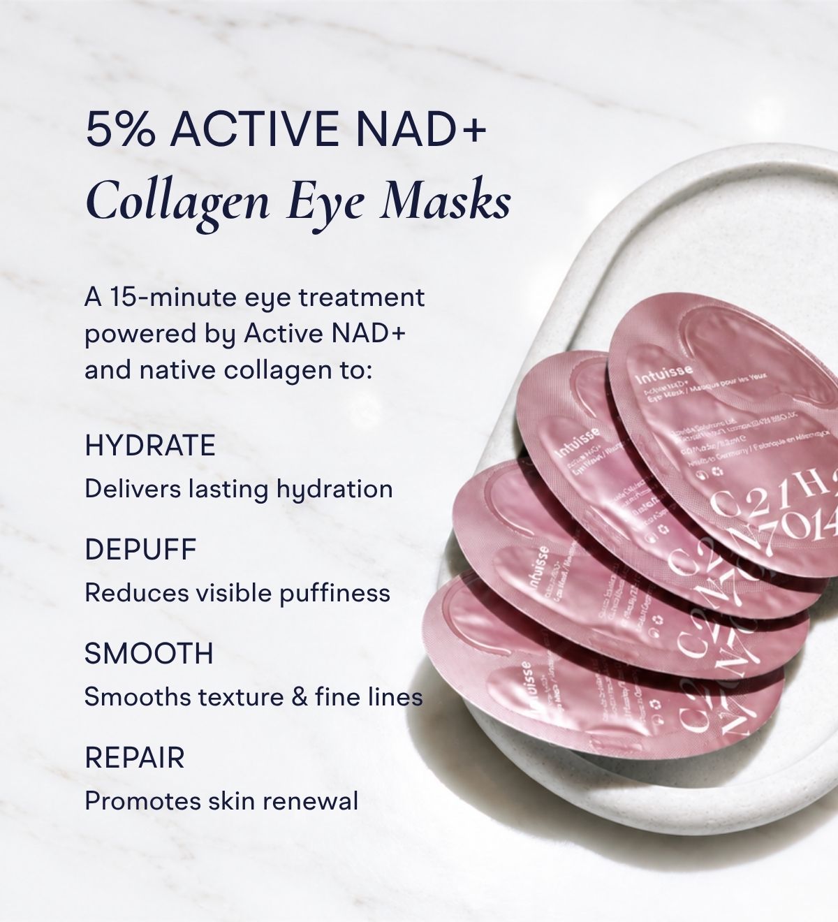 Intuisse Active NAD+ Collagen Eye Masks with 5% Active NAD+ for hydration, puffiness, fine lines and skin renewal.