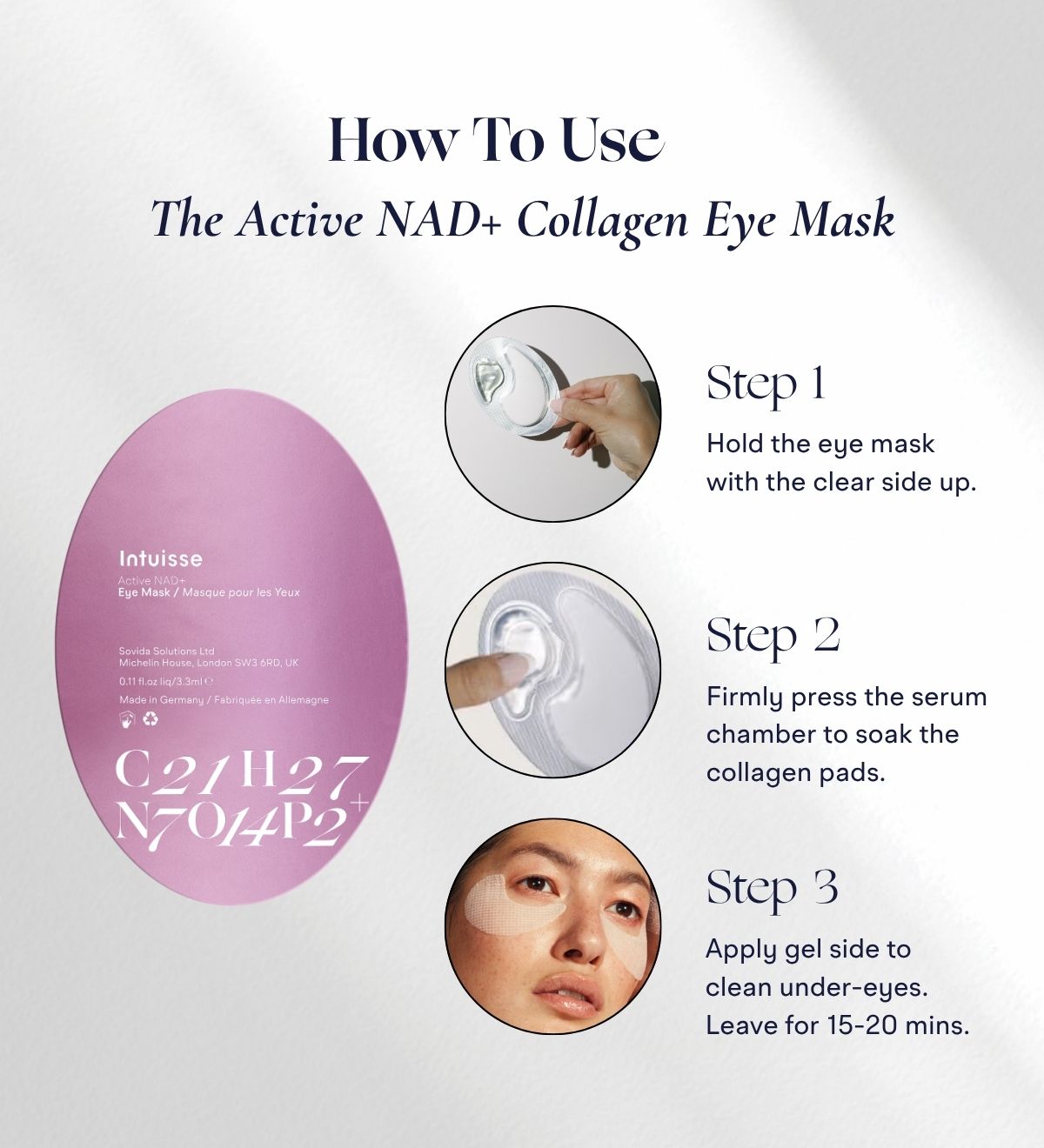 How to use Intuisse Active NAD+ Collagen Eye Masks: press the serum chamber to soak pads, apply under the eyes and leave on for 15–20 minutes.