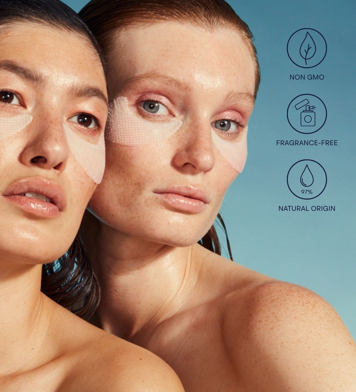 Two models wearing Intuisse Active NAD+ Collagen Eye Masks, a fragrance-free under-eye treatment made with 97% natural-origin ingredients.