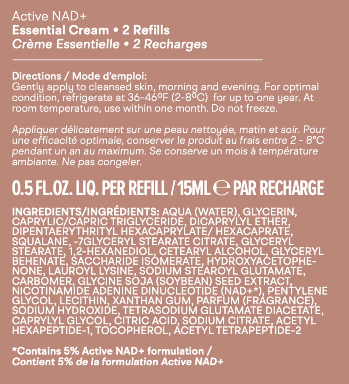 Intuisse Active NAD+ Peptide Essential Cream full ingredient list and directions for use. Back of packaging.