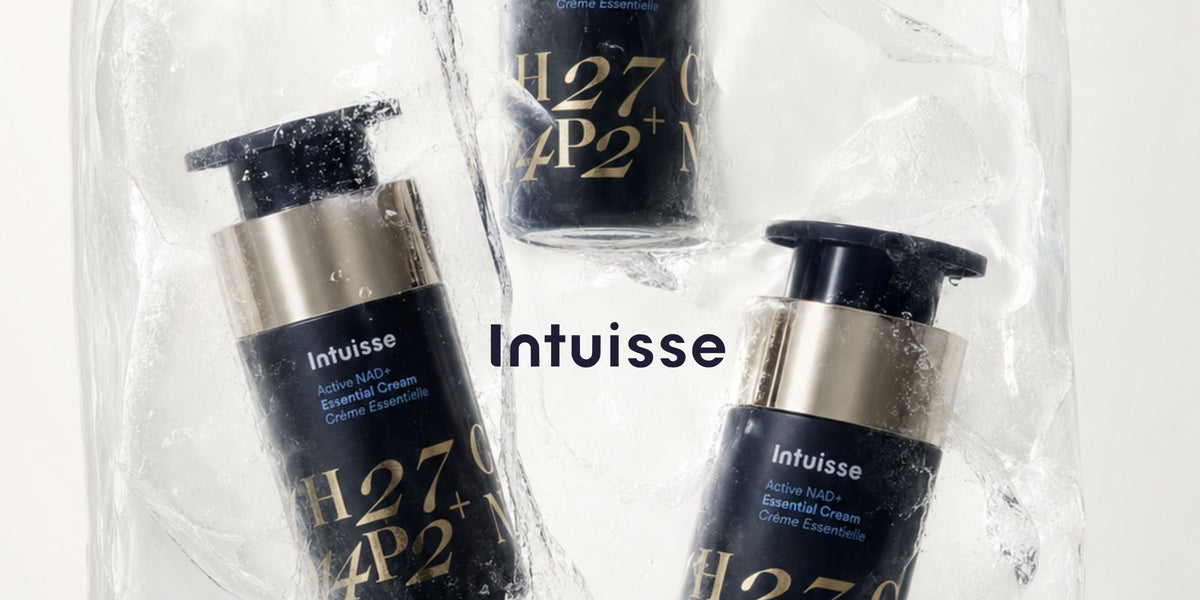 Intuisse Active NAD+ skincare collection frozen in ice cube. best kept cold.