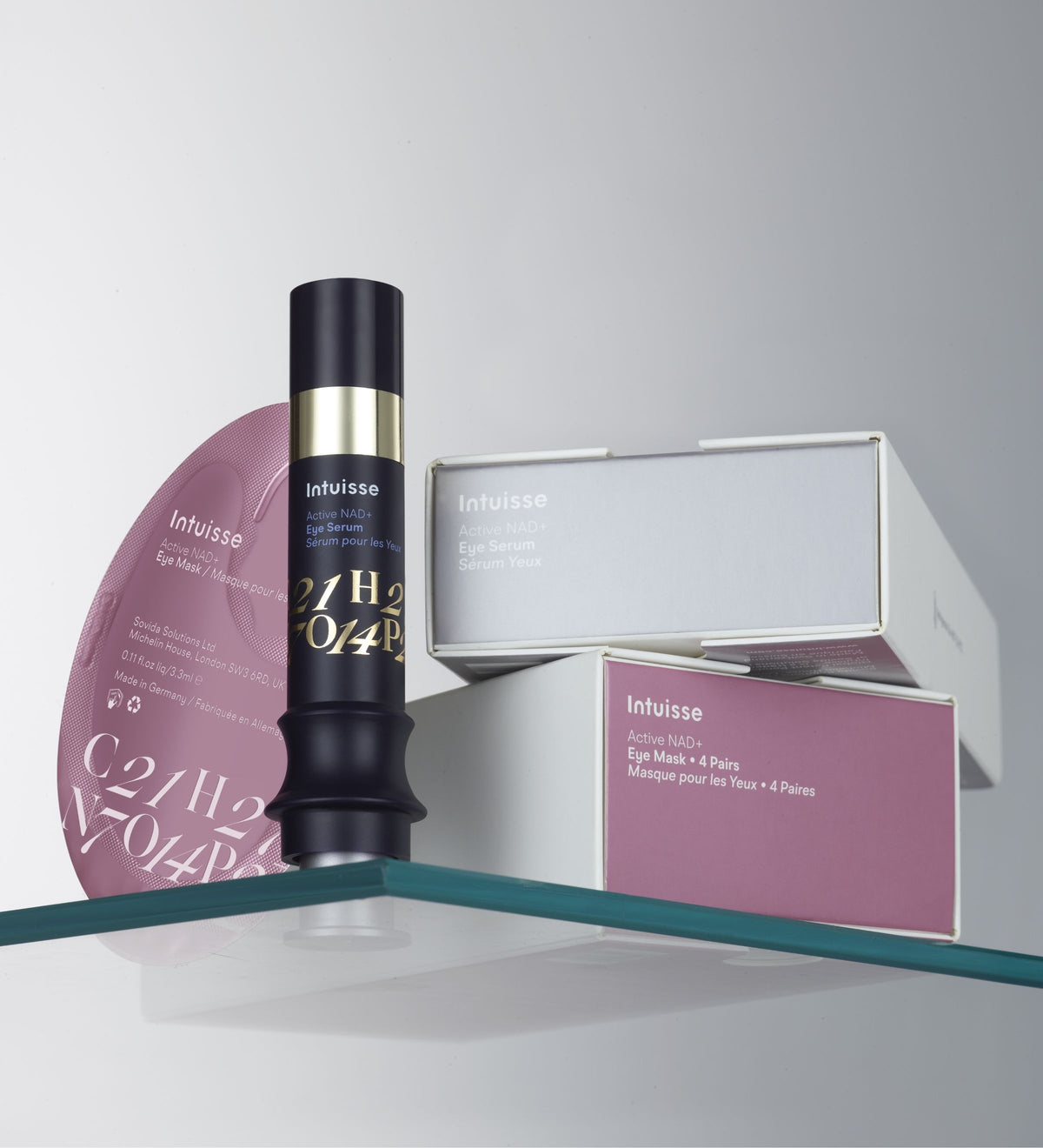Intuisse Eye Love You Kit with Eye Serum and Collagen Eye Mask displayed on a glass shelf
